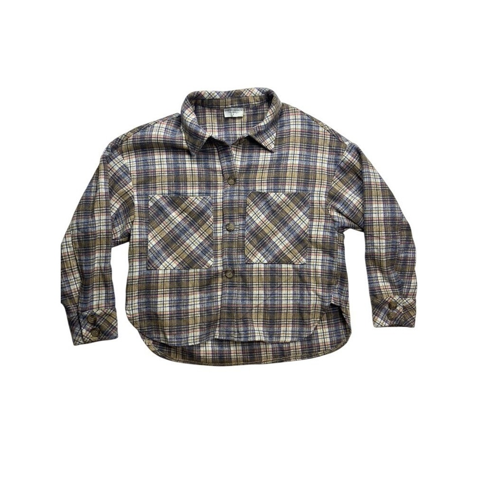 Dress Forum Los Angeles Plaid Shacket Women's M Brown Blue Pink Boxy Cropped